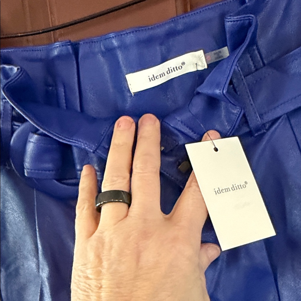 High-Waist Royal Blue Faux Leather Paperbag Shorts with Belt - Picture 2 of 4